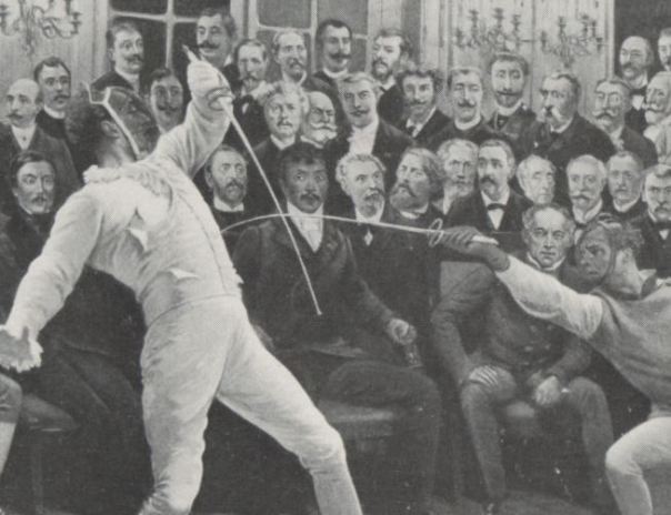 1816 match between the Comte de Bondy and the fencing master Lafaugere by Frederic Regamey. Jean Louis served as the President de Combat, and can be seen at center, behind the fencers' blades.